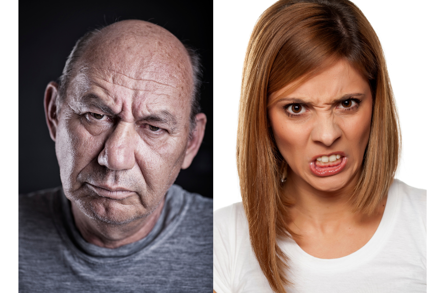 Photos of a man and a woman with angry faces